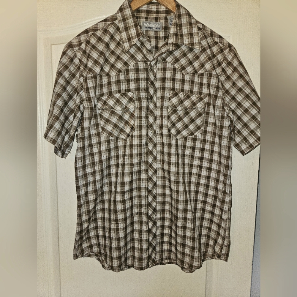 Wrangler Men's Pearl Snap Tan and White Checkered Shirt